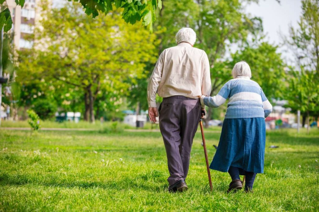 Elderly couple walking